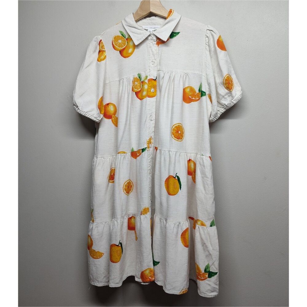 Jane+Delancey Mini Dress Women L Cream Orange Short Sleeve Linen Blend Fruitcore